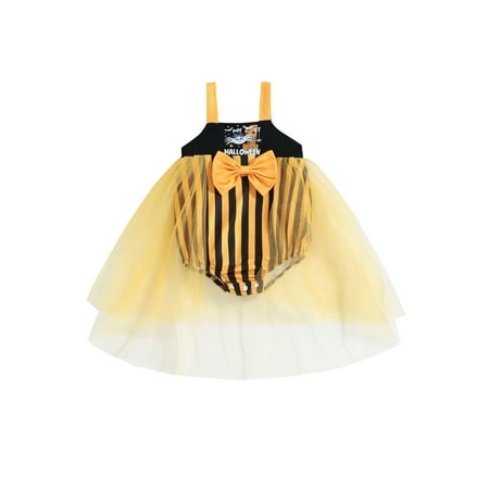 

Franhais Baby Girls Romper Sleeveless Spider Letters Print Stripes Bowknot Tulle Patchwork Dress