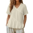 thumbnail image 4 of Craaazy Women's Plus Size Versatile Solid Color Cotton Linen V-Neck Short Sleeve T-shirts with Ruffle Trim for Daily Wear, 4 of 7