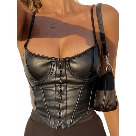 

ZIYIXIN Women Corset Crop Top Spaghetti Strap PU Leather Bustier Push Up Cami