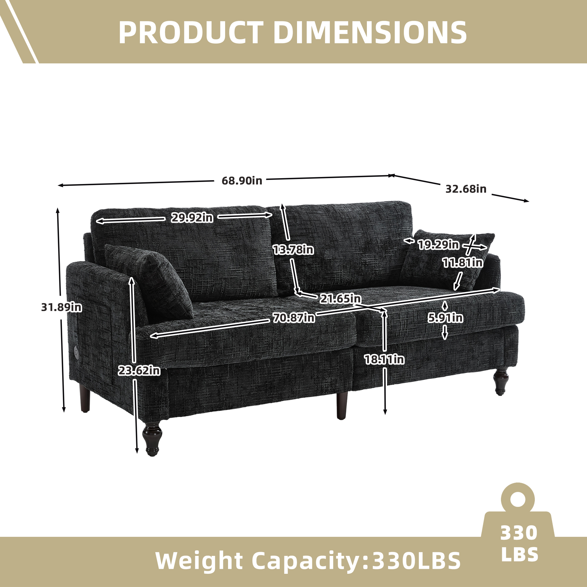 MOONMISS Chenille Upholstered Mid Century Modern Wood Frame Loveseats Sofa with LED light,USB and Side Pocket-Black