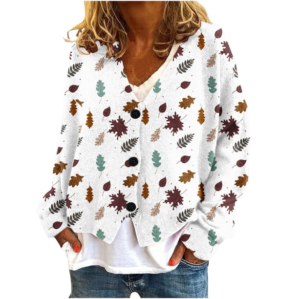 Puntoco Chaqueta De Punto Informal Con Estampado De Hojas Para Mujer, Chaqueta Con Botones, Abrigo De Felpa, Para Otoño E Invierno