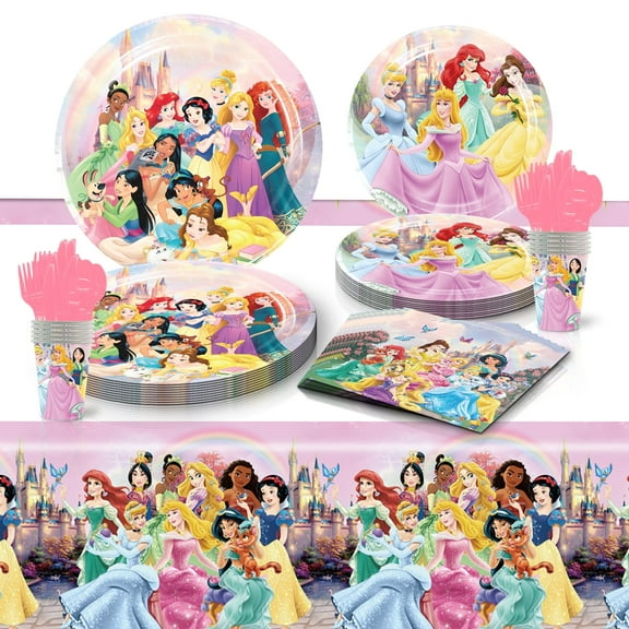 81pcs Fairytale Princess Birthday Tableware Party Decorations including paper plates, paper napkins, paper cups, knives, forks, spoons and elf Fairytale Princess party tablecloth