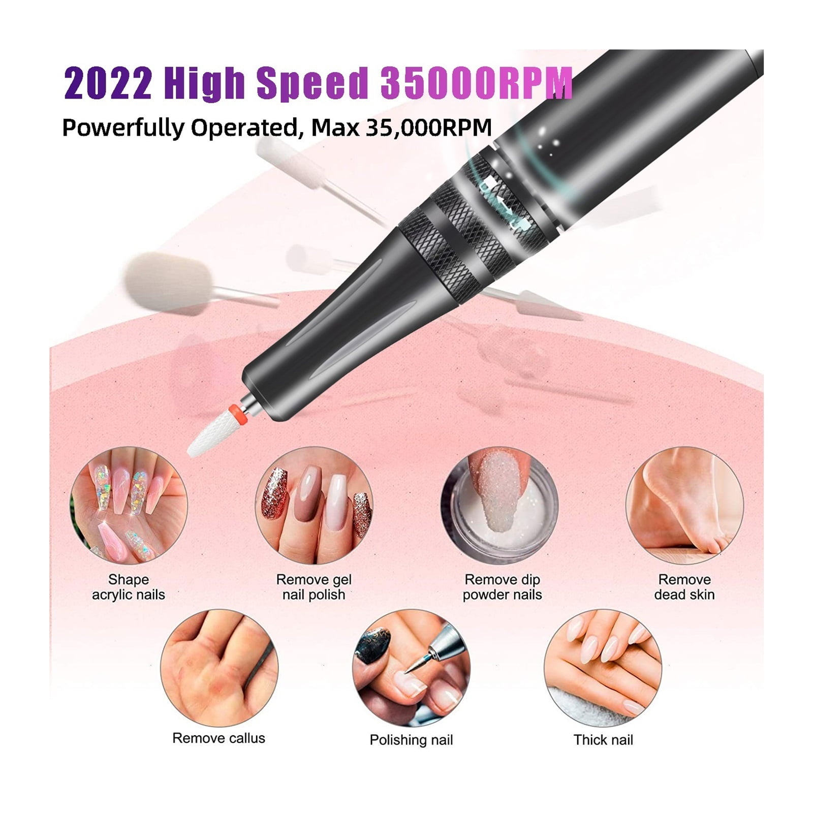 35000RPM Electric Nail Drill, Professional Portable Electric Nail File Professional For Acrylic, Gel Nails