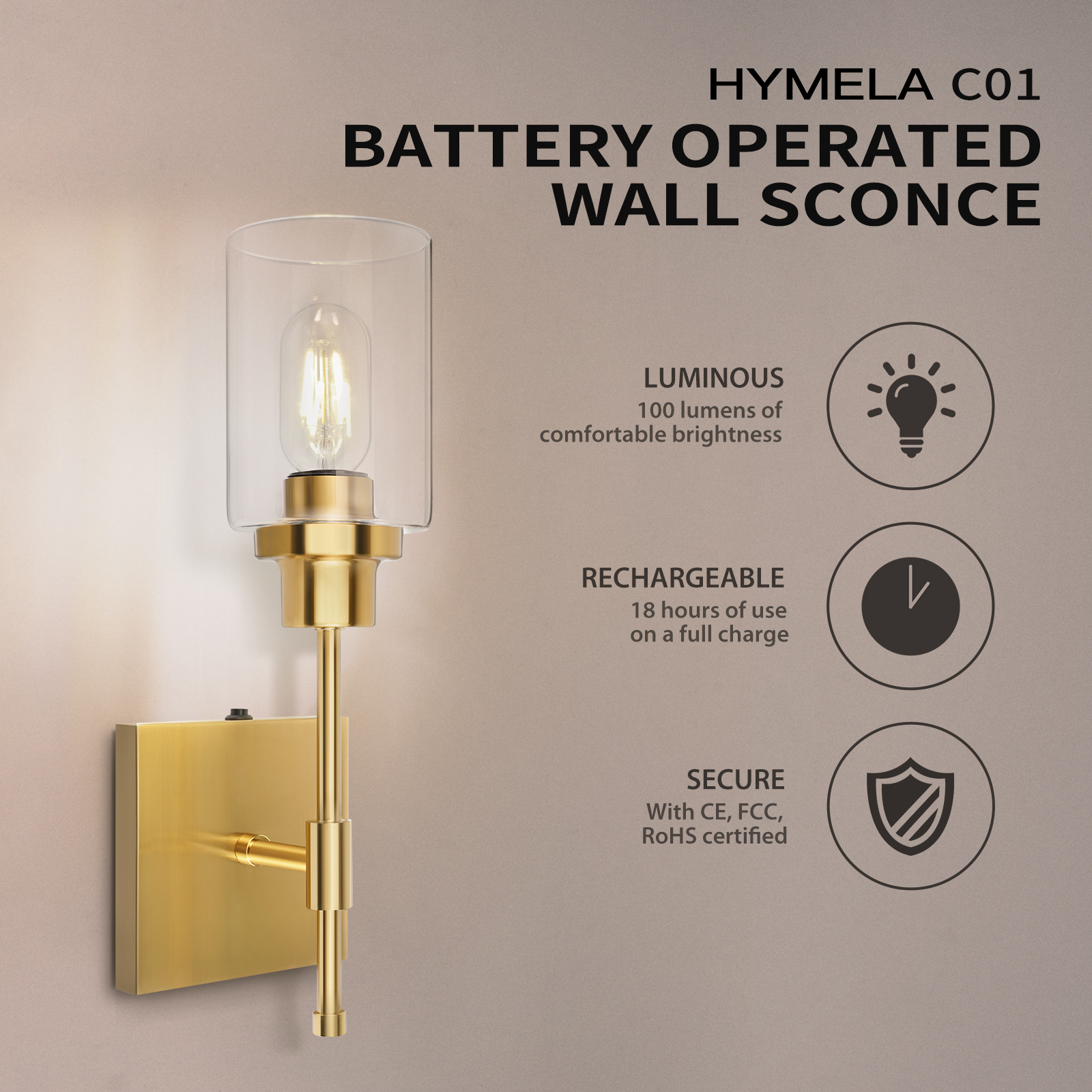 HYMELA Battery Operated Wall Sconce 1 Light Fixtures Matte Gold with Clear Glass Shade Wall Lamp for Bathroom Hallway Kitchen Mirror,Bulb Included