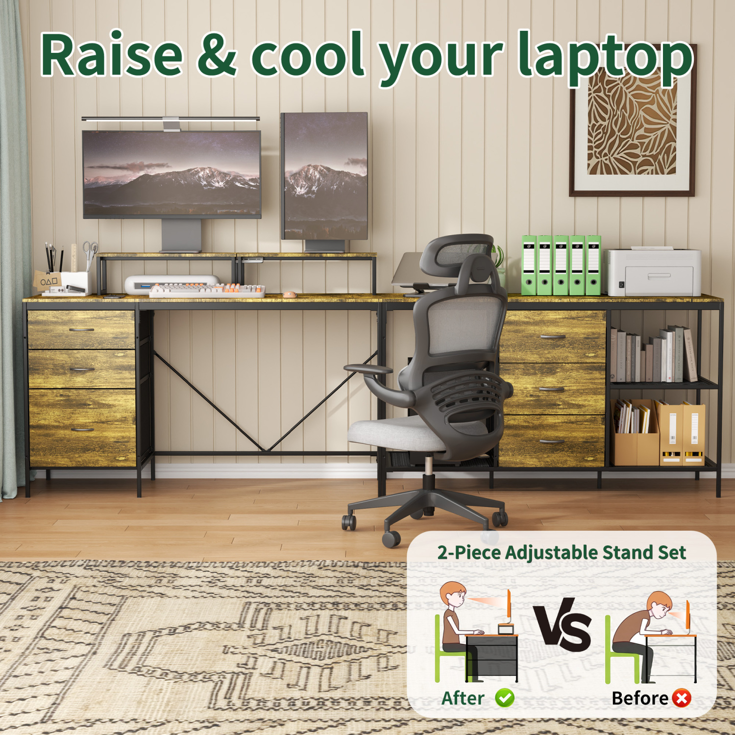 Lisonu 114" L-Shaped Desk with Power Outlets & USB-C, Industrial Corner Computer Desk with 6 Drawers & Movable Monitor Stands, Rustic Brown