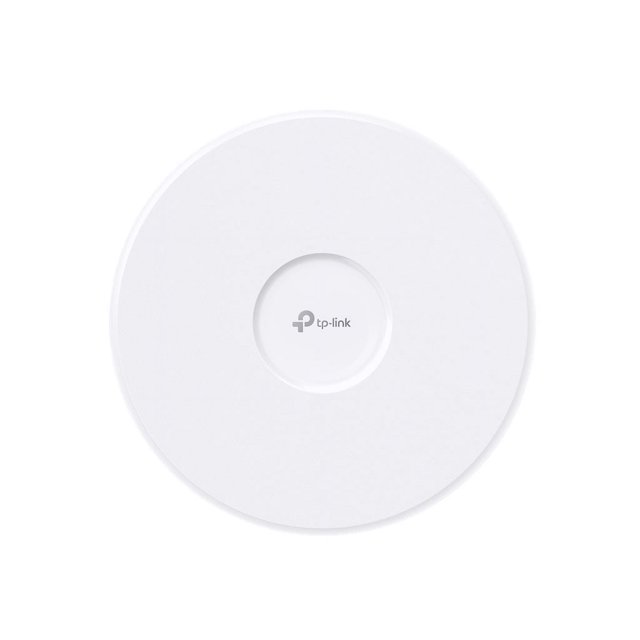 TP-Link Omada EAP773 V1.6 Wi-Fi 7 Wireless Access Point with a sleek circular white design and TP-Link logo at the center, ideal for wall or ceiling mounting. This tri-band networking device supports high-bandwidth applications, cloud management, and PoE++ for flexible deployment.