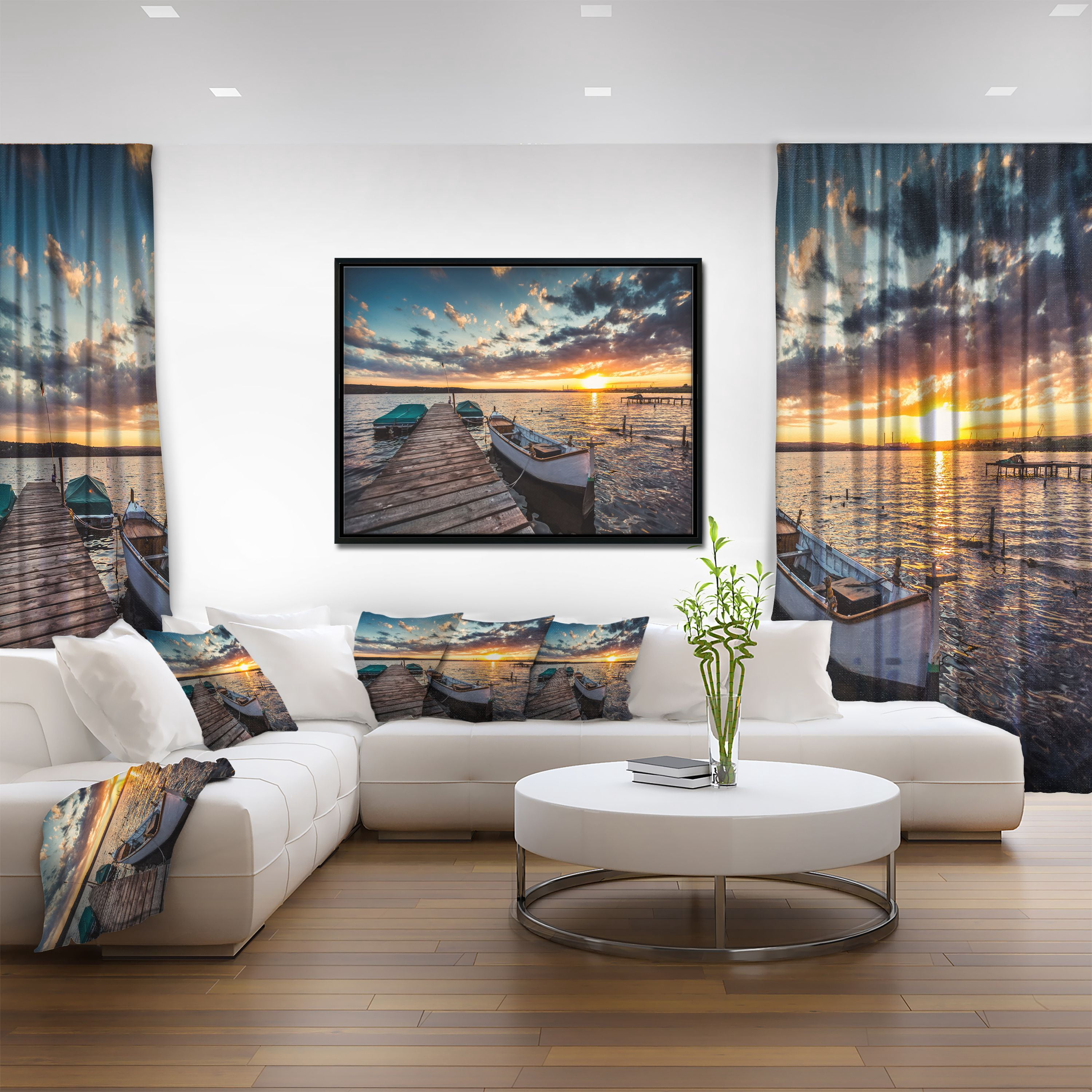 Designart ' Boats and Jetty under Dramatic Sky ' Modern Framed Canvas Art Print