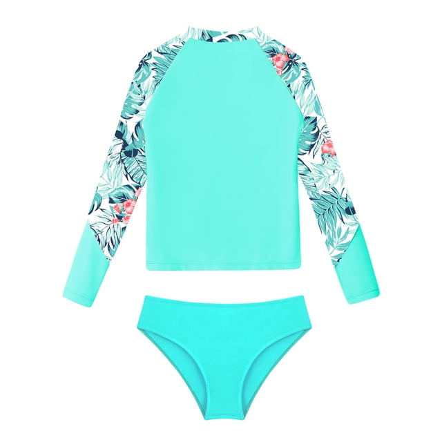 Moggemol Kids Girls Tropical Swimsuit Long Sleeve Rashguard Set Summer 2-Piece Swimwear Bathing Suit Lake Green 12