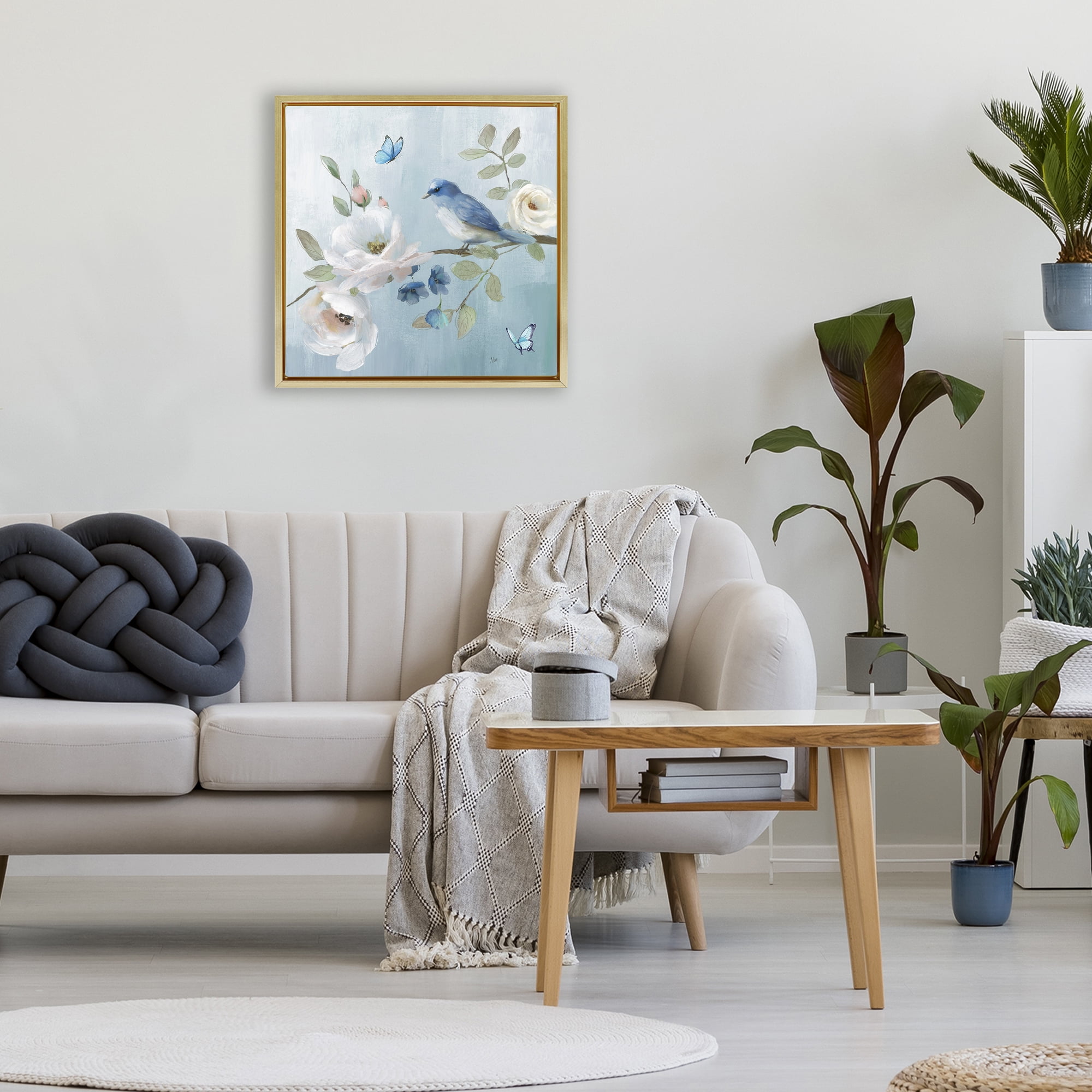 Stupell Industries Pastel Blue Bird Blooms Gold Framed Floater Canvas Wall Art, design by Nan