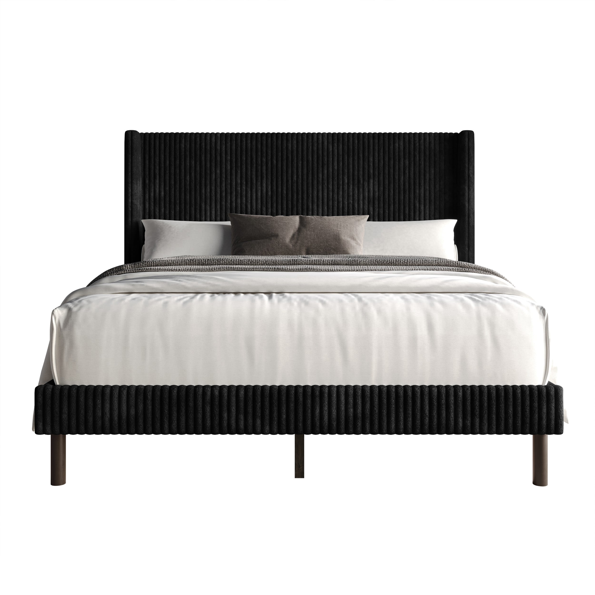 Home Design Duluth Queen Corduroy Velvet Upholstered Platform Bed Frame with Wingback Headboard & Button-Tufted Detail, Black, Easy Assembly