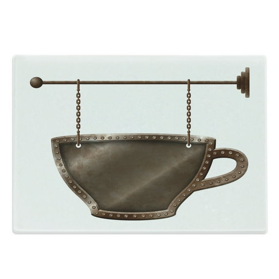 Coffee Cutting Board, Old Rusty Cup Hanging Signboard on Chains Grungy Rough Looking Mug Caffeine Drink, Decorative Tempered Glass Cutting and Serving Board, Large Size, Umber White, by Ambesonne