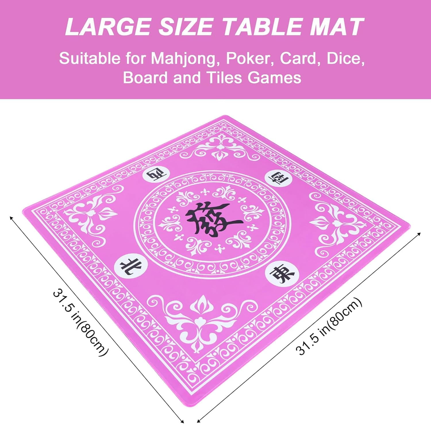 Mahjong Mat,Mahjong Table Mat with 3 Dice & Carrying Bag for Card, Board & Tile Games, Anti Slip and Noise Reduction Table Cover(Pink, 31.5 inches)