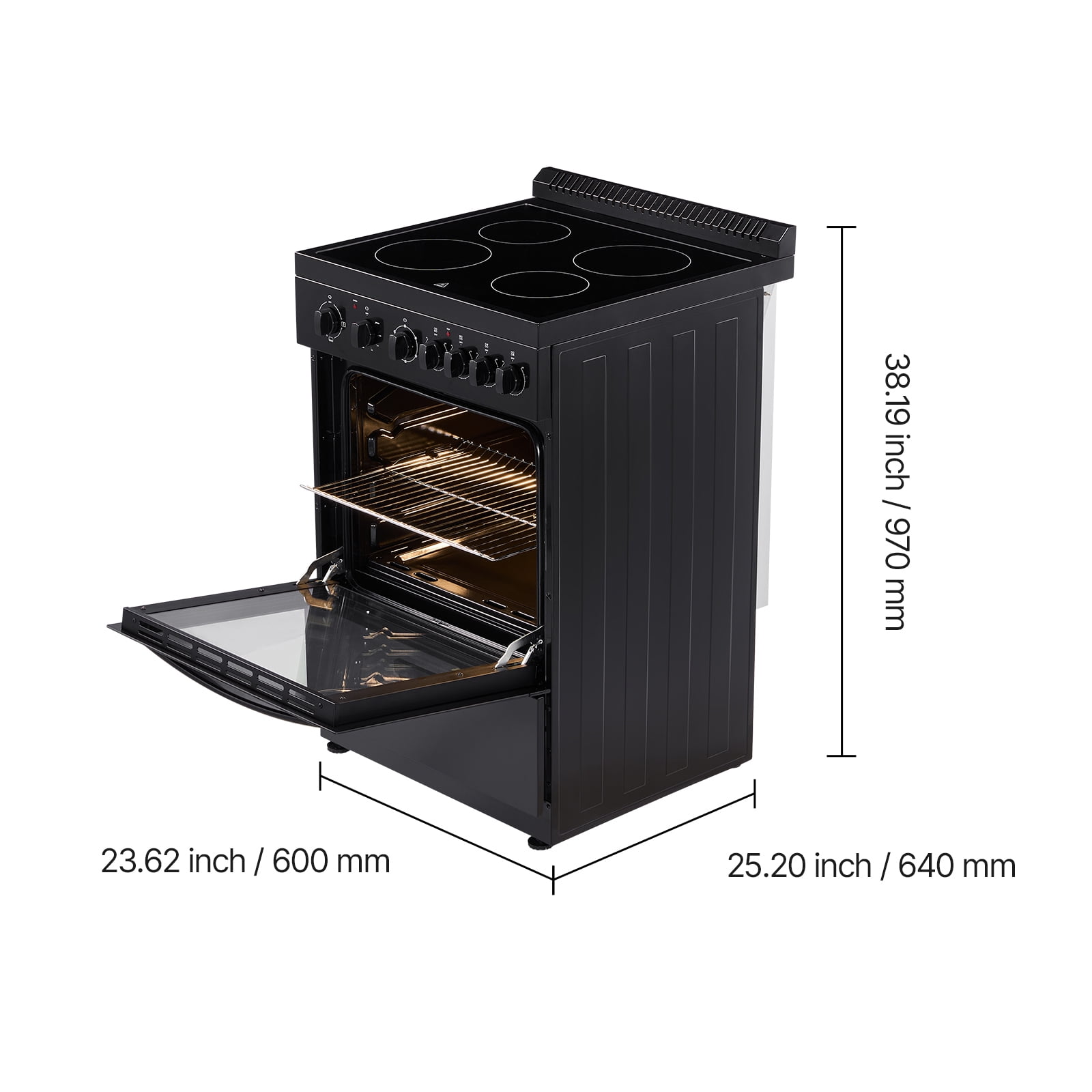 KFFKFF 24-inch Electric Range Oven, 2.7 Cu. Ft. Compact Freestanding Design, Stainless Steel Finish, Features 4 Burners, Adjustable Racks, Storage Drawer, Black (No power cord)