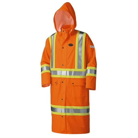 Pioneer Long Men Raincoat - FR Oil & Chemical Resistant -Hi Vis Lightweight Rain Jacket - Orange, 3XL