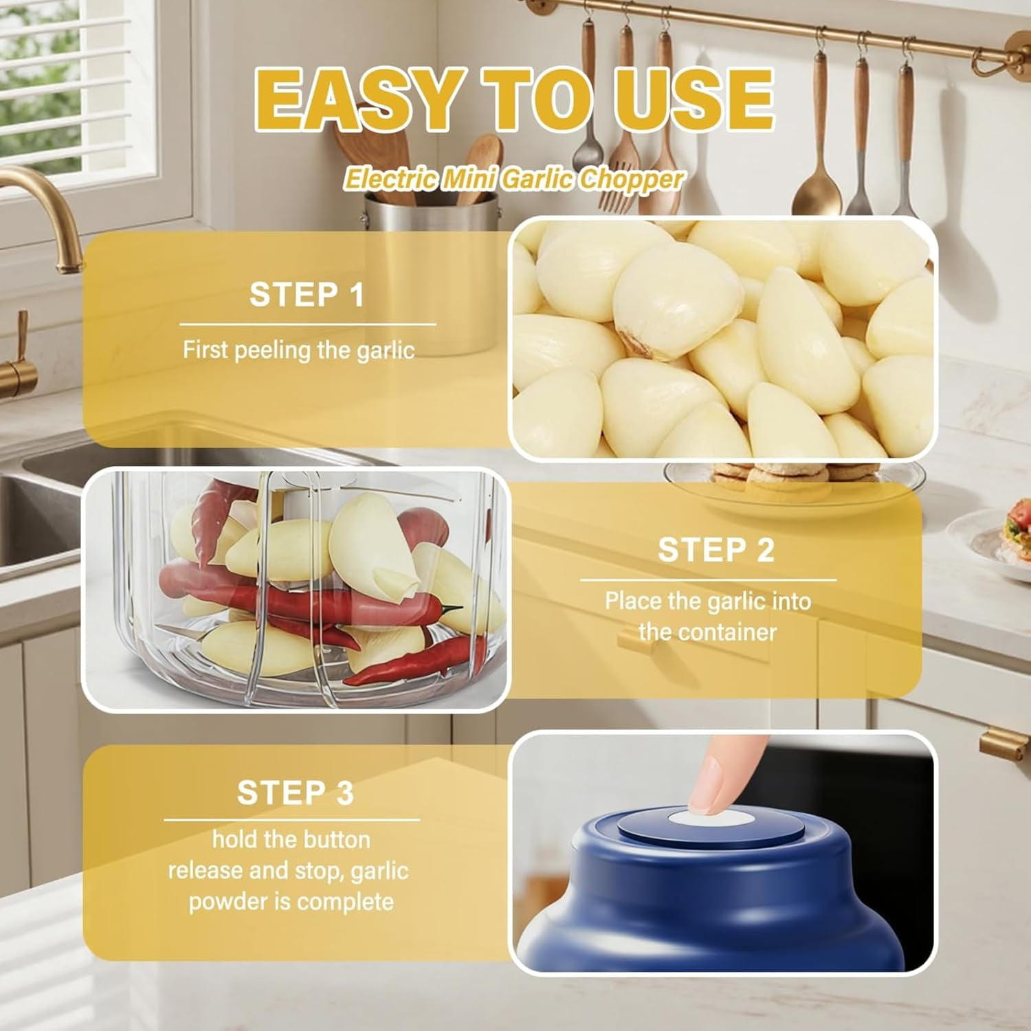 Electric Garlic Chopper,Mini Portable Veggie Cutter, USB Charging Wireless Food Processor for Mashing Onion, Chili, Ginger