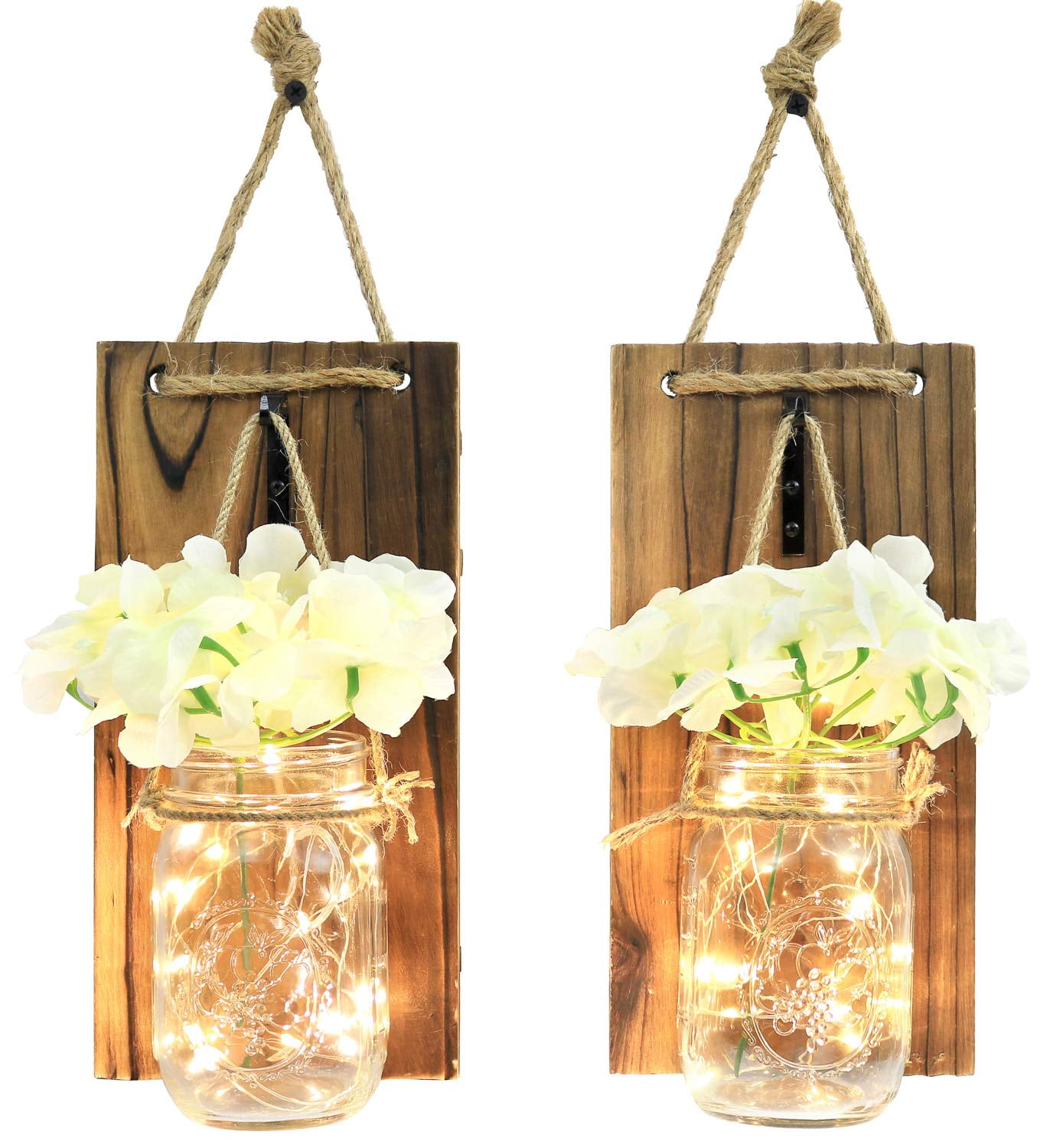 Homko Mason Jar Sconce With Led Fairy Lights And Flowers Rustic Hanging Mason 