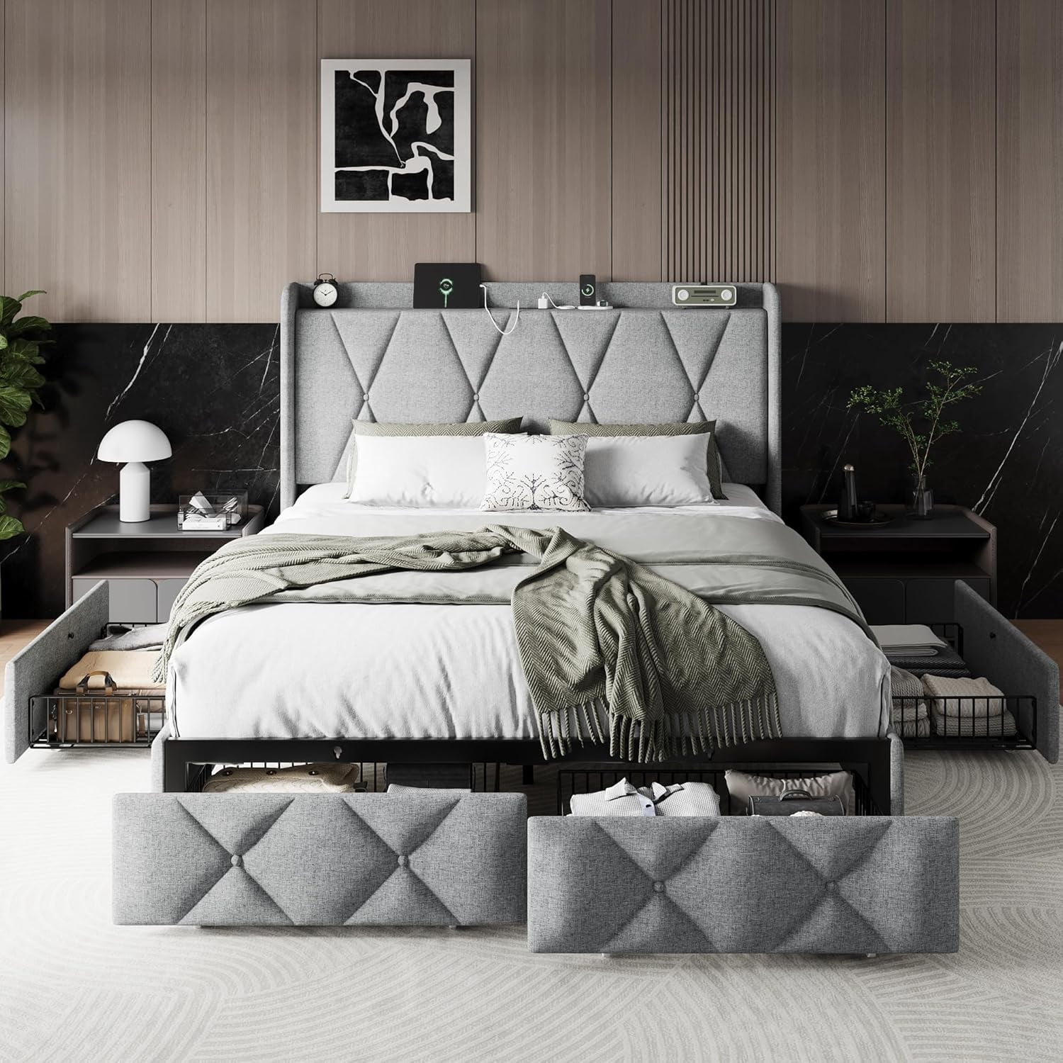 iPormis Queen Size Bed Frame with Charging Station , Upholstered Bed with 4 Storage Drawers, Light Grey
