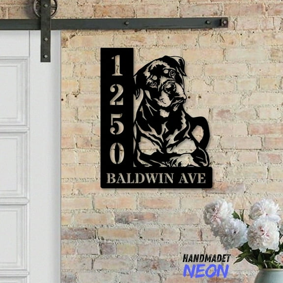 Handmadetneonsign Rottweiler Dog House Number Metal, Rottweiler Dog Home Number Metal Sign, Address Wall Decor 80660