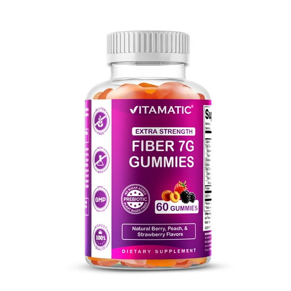Vitamatic Prebiotic Fiber Gummies for Adults - 7G Fiber Extra Strength - Zero Sugar Added - 60 Pectin Based Gummies - Digestive Health & Regularity Support