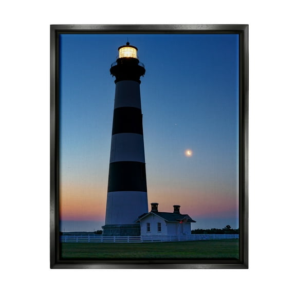 Stupell Blue Moonlit Lighthouse Coast Landscape Photography Black Floater Framed Art Print Wall Art