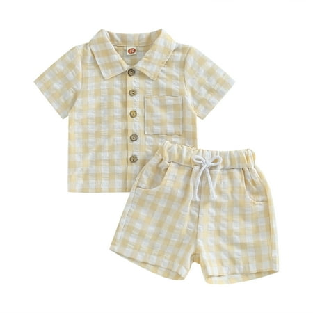 

Kids Baby Boys 2PCS Outfits Set Short Sleeve Plaid Shirt and Drawstring Shorts Suit Summer Clothes 18-24 Months