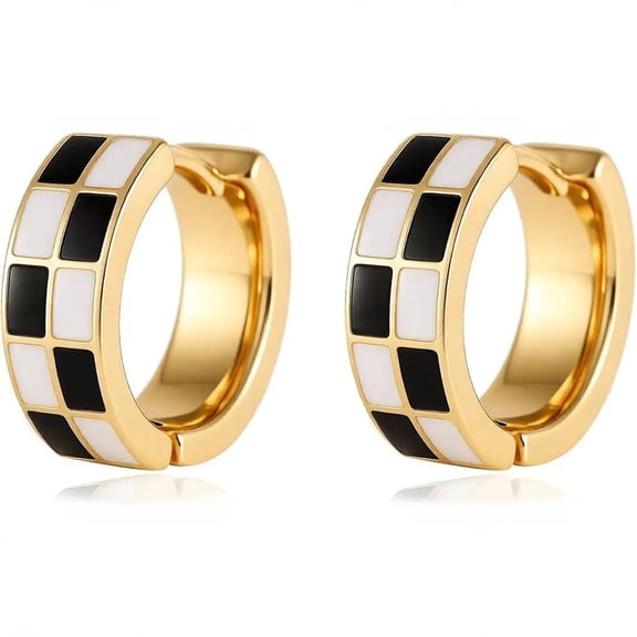14K Gold Plated Checkered Small Hoop Earrings for Women Hypoallergenic White Black Enamel Earrings Jewelry Gift