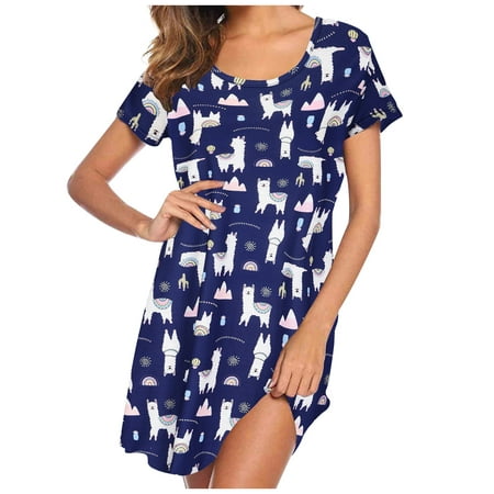 

DxhmoneyHX Nightgown Sleepwear for Women Short Sleeve Sleep Dress Casual Loose Fit Sleepshirts Cartoon Print Pajama Dress