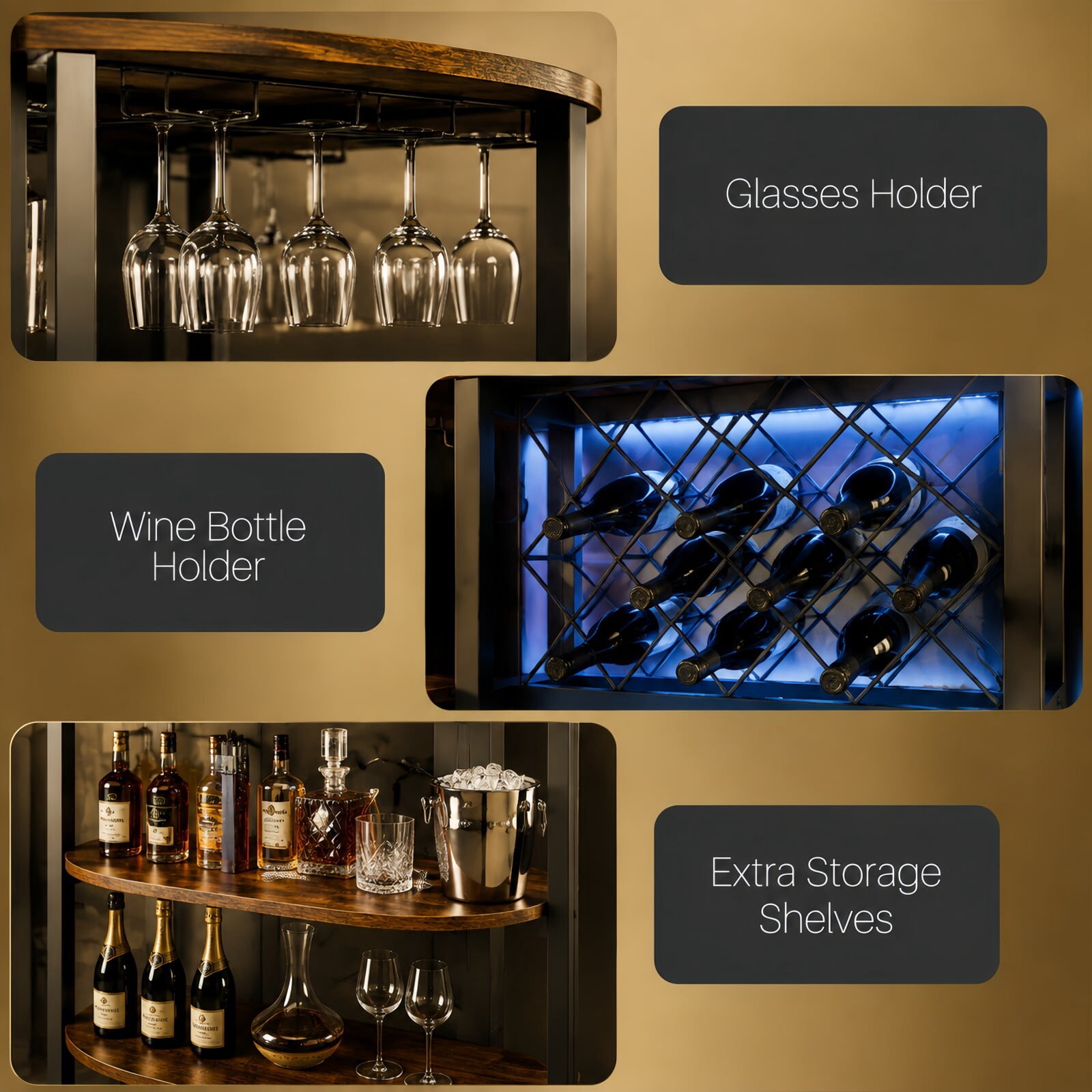 Kelno 47" Home Bar Cabinet with Power Outlet RGB LED Lights 4-Tier Liquor Cabinet with Wine Rack Glass Holder, Rust