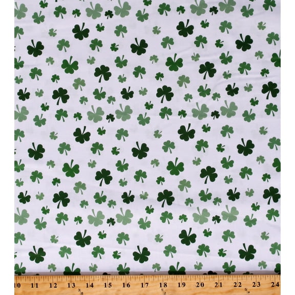 Cotton Saint Patrick's Day Shamrocks Lucky Clovers Green Four-Leaf Clovers White Cotton Fabric Print by the Yard (112494)