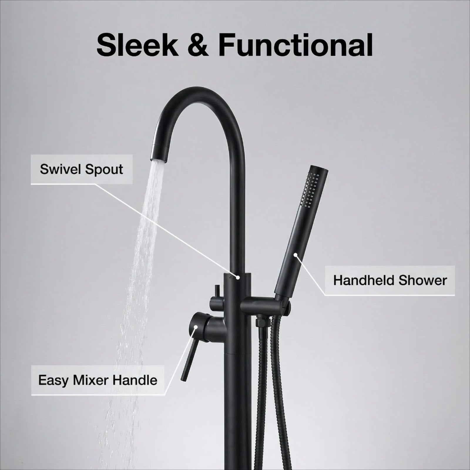 LIFERECORD Floor Mount Freestanding Tub Faucet, Solid Brass Stand Alone Bathtub Filler with 2-Function Hand Shower, 360° Swivel Spout, Rough-In Valve, Anti-Wobble Base, High Flow Mixer Tap