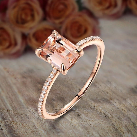 Limited Time Sale: 1.50 Carat 7x5mm Emerald Cut Morganite and Diamond Moissanite Engagement Ring with 18k Gold Plating