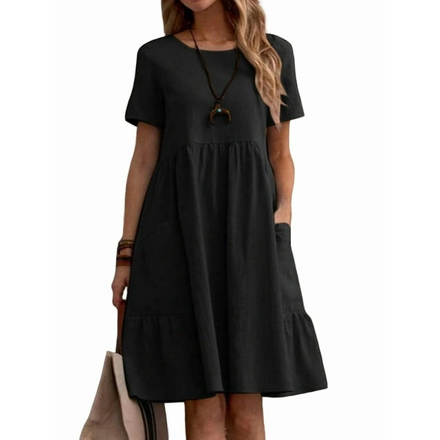 Robe T-Shirt d'Été en Coton et Lin pour Femmes, Décontractée, Coupe Ample, Col Rond, Manches Courtes, Longueur Midi, avec Poches, Noir, P