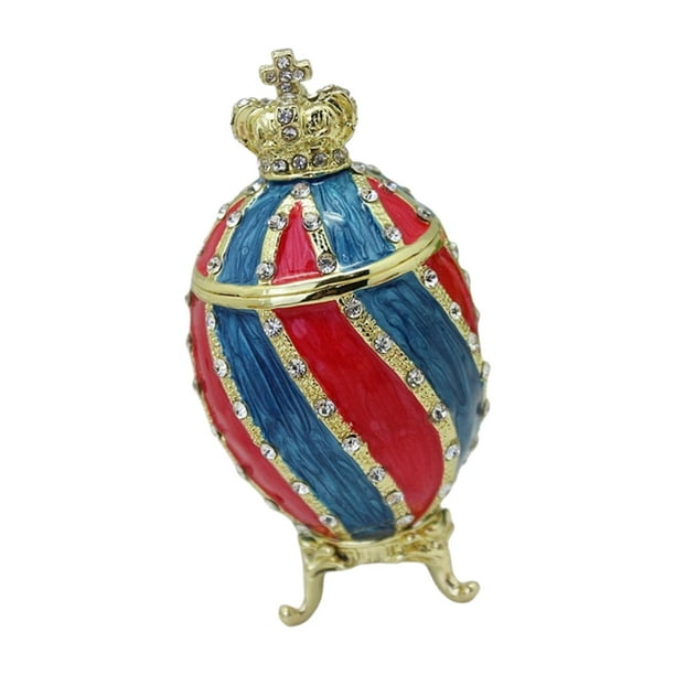 Caja de baratijas con forma de huevo de Pascua, contenedor para anillos, caja de joyería con bisagras de esmalte rojo azul
