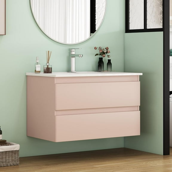 Villachico 32-Inch Wall-Mounted Bathroom Vanity with Sink Combo, Double Drawers, Rounded Drawer Fronts,Soft-Close System,Ceramic Sink,No Handle Design,Solid Wood,Easy to Install,Pink