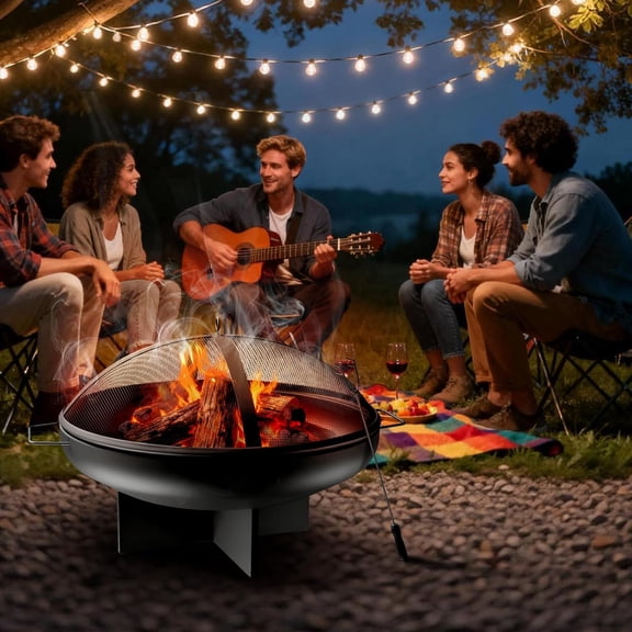 24 Inch Fire Pit for Outside Outdoor Wood Burning Firepit Bowl Heavy Duty Steel Bonfire Pit for Patio Backyard Camping Deck with Spark Screen, Log Grate & Poker