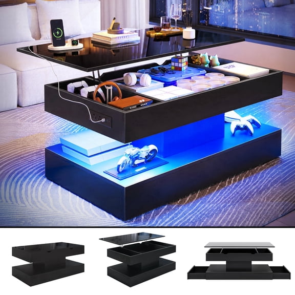 Lift Top Coffee Table with Power Outlet & LED Lights,Wooden Convertible Coffee Table with 2 Hidden Drawers for Living Room, Bedroom, Black
