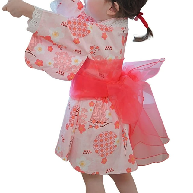 Hiiyo Robe Kimono à Manches Longues pour Petites Filles avec Ceinture, Tailles 1-6