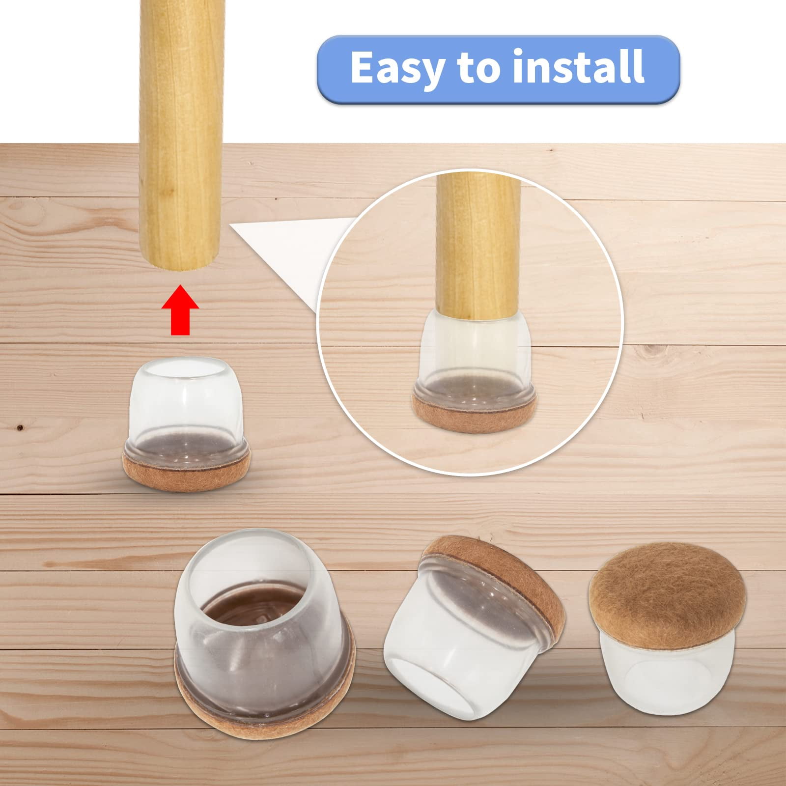 Flyshop 8PCS Round Chair Leg Caps with Felt Pads Durable Floor Protectors for Hardwood Floor Prevent Scratches Reduce Noise Foot Cap, Transparent Protective Caps, 19 to 25 mm