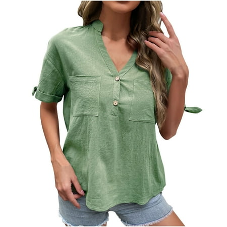 

Plus Size Tops for Women Womens Shirts Summer Women Trendy V-Neck Short Sleeve Plain Color Button Pocket Shirt Leisure Tee Tops Nursing Tank Tops Black Corset Top Clearance on Sales Green L