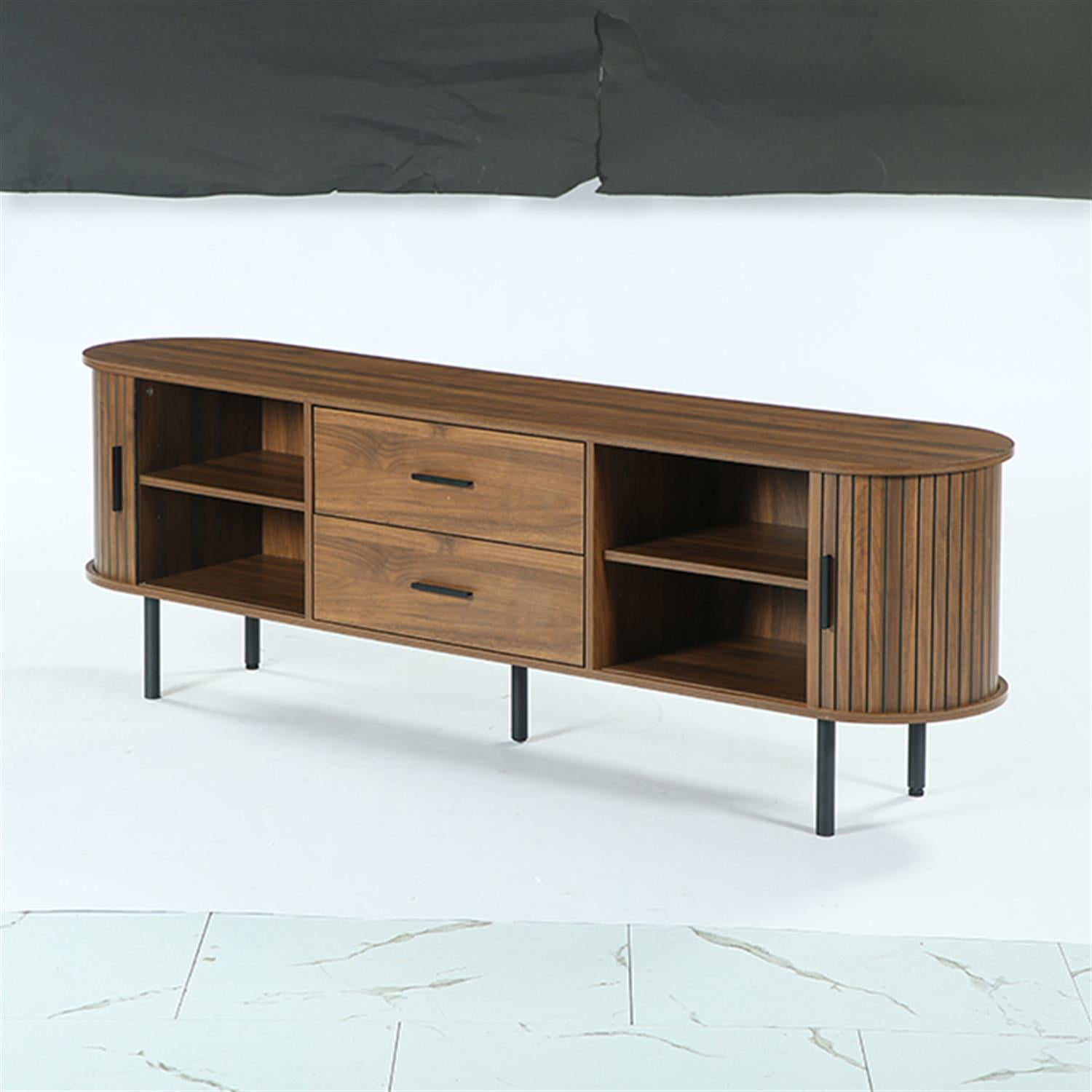 Demi Bonn 70" TV Stand, Modern Media Console with Storage and Sliding Tambour Door for Home Living Room, Office, Brown