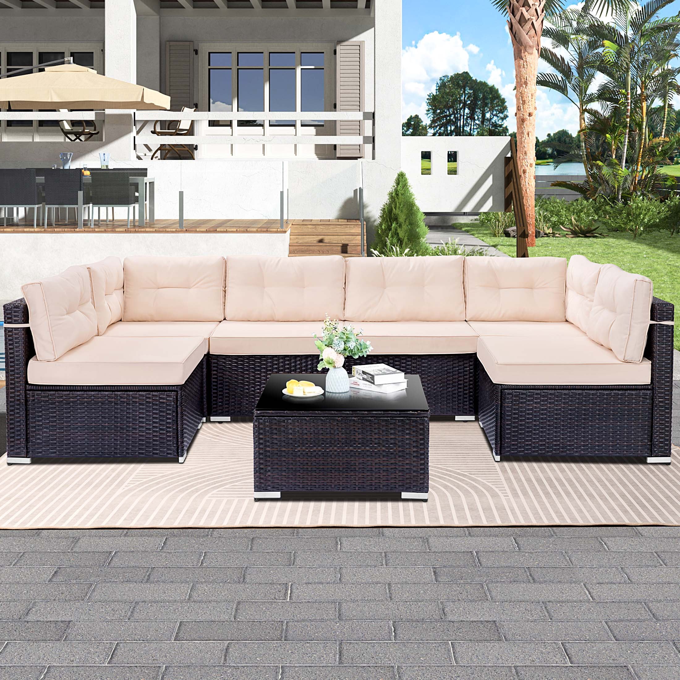 7 Piece Rattan Sectional Sofa Set, Outdoor Conversation Set, All-Weather Wicker Sectional Seating Group with Cushions & Coffee Table, Morden Furniture Couch Set for Patio Deck Garden Pool