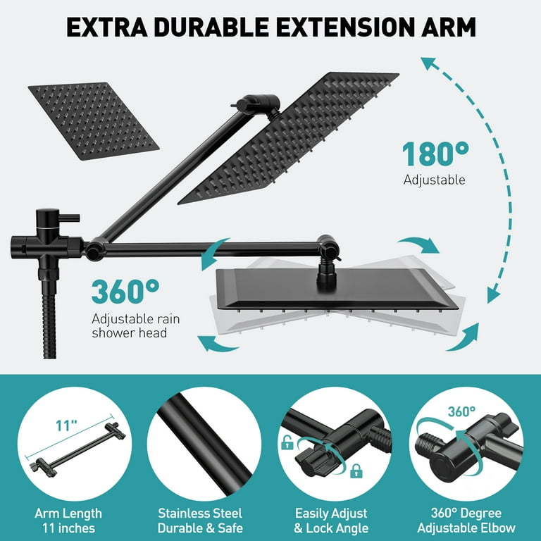 8 Inch Dual Shower Head Combo with 11'' Extension Arm, 5 Settings Adjustable Anti-leak High Pressure Shower Head with 59" Hose, Height/Angle Adjustable, Dual Anti-Clog Nozzles, Black