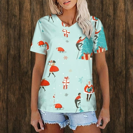 

TMOYZQ Christmas Gifts for Women! Womens Plus Size Scrub Tops Christmas Working Uniforms Cartoon Print Short Sleeve V Neck Professional Nursing Workwear Loose Medical Blouse with Pockets