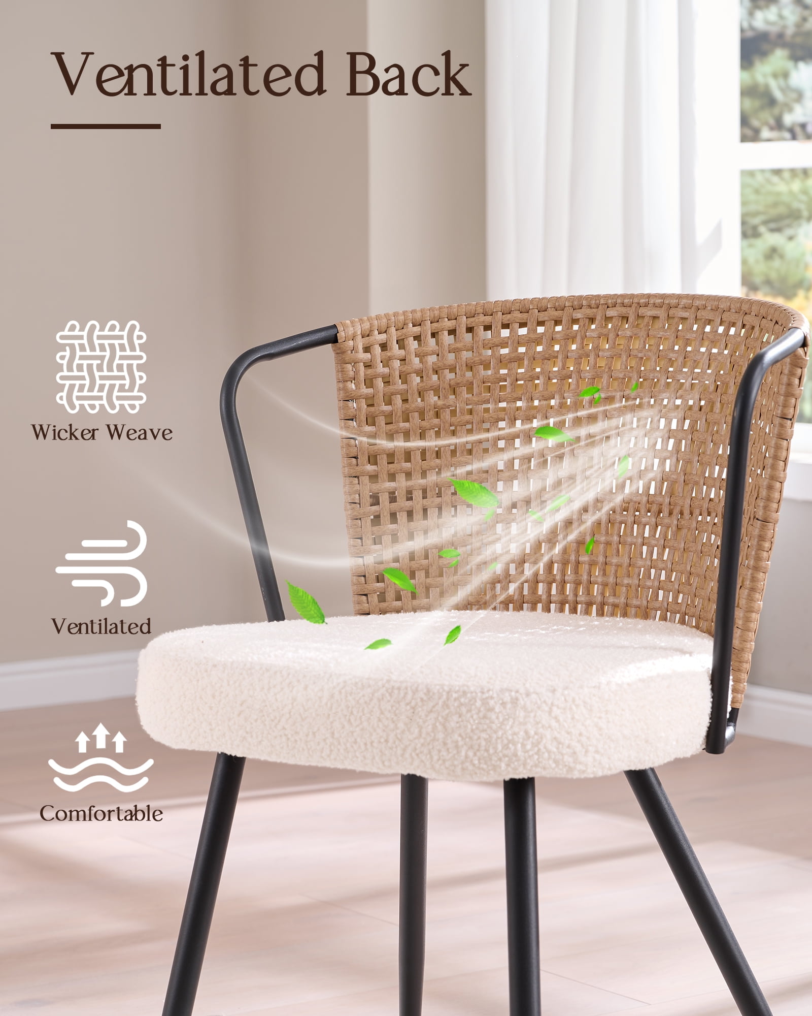 Sailvan Dining Chair Set of 2, Accent Rattan Dining Room Chairs, Modern Kitchen Chairs with Lamb Fleece Cushion, Mid Century Style Living Room Chairs, Easy Assembly, Brown