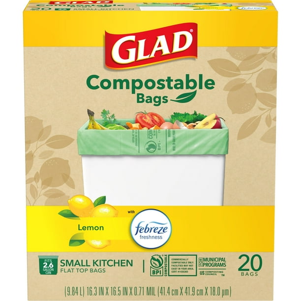 Glad Compost Small Kitchen Trash Bags, 2.6 Gallon, 20 Bags (Lemon Scent