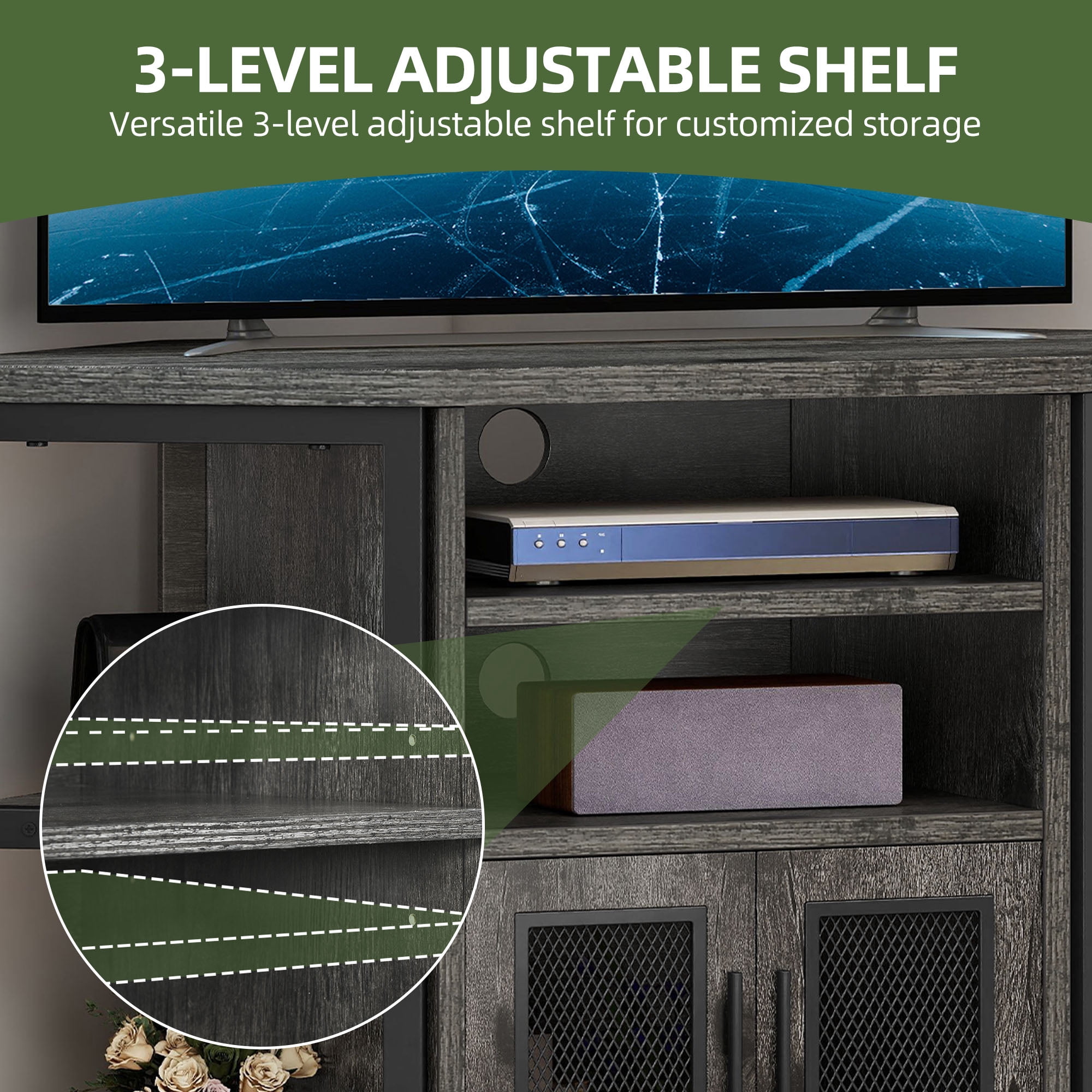 Uforic Corner TV Stand for TVs up to 55", Farmhouse Entertainment Center with Power Outlet, Gray