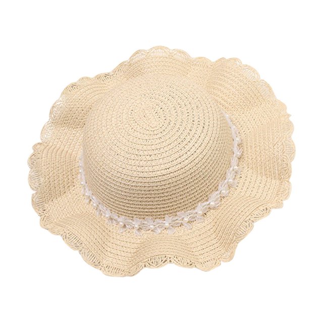 Gorra de playa Honeeladyy para niños, resistente a los rayos UV, con encaje de perlas, decorada con perlas, de cuerda, para playa y sol.