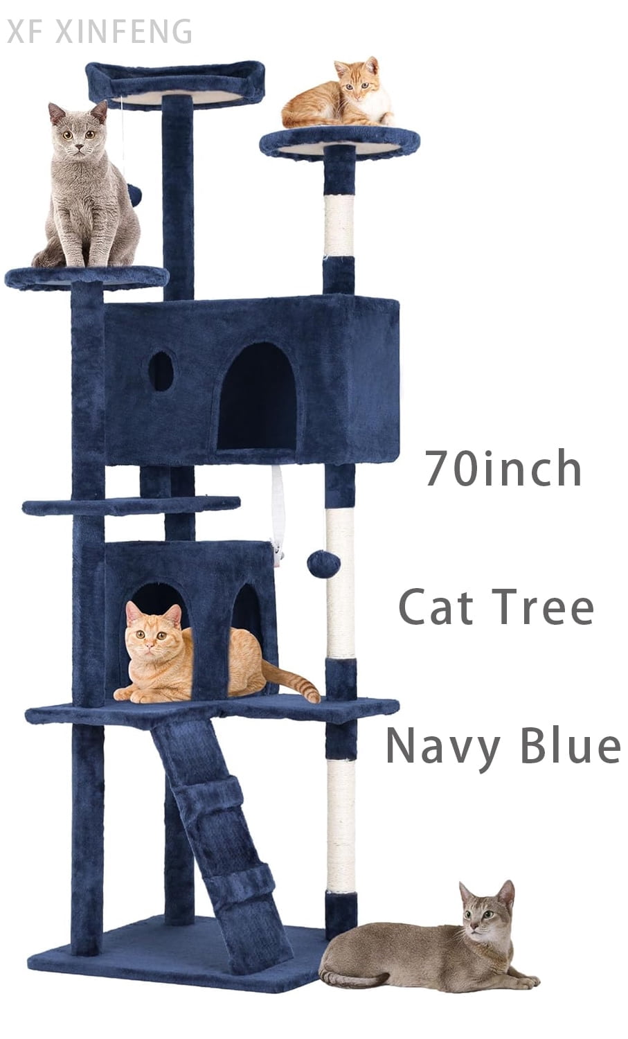 XF XINFENG 70 Inch Cat Tree Tower for Indoor Relaxing Climb Multi-Level Cats  Furniture Activity Center with Cat Scratching Stand House Cat Condo with Funny, Navy Blue