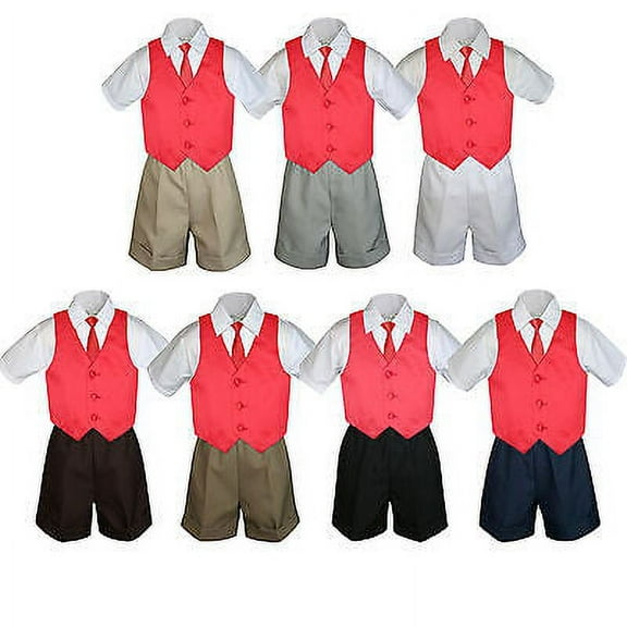 4pc Set Boy Toddler Formal Red Vest and Necktie Black Navy Khaki Shorts S-4T