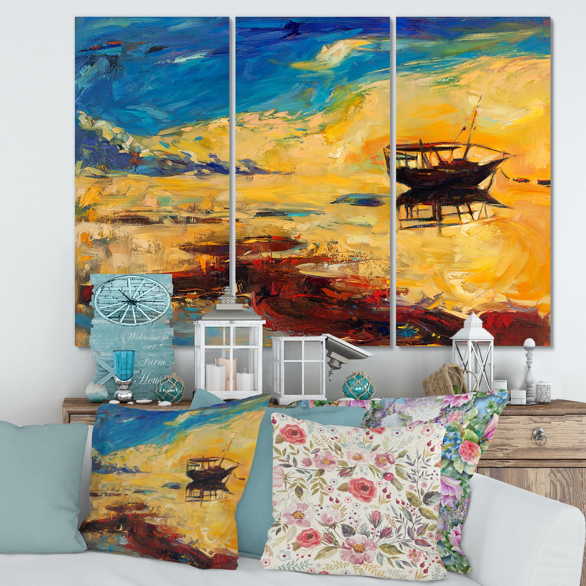 Designart ' Abstract Boat At The Ocean Horizon During Sunset ' Nautical & Coastal Canvas Wall Art Print